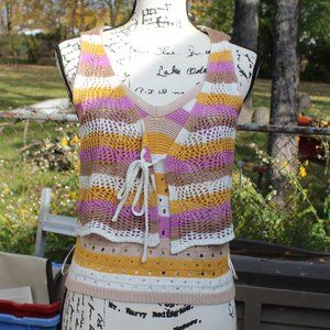 2 Pc Separates - Striped Crochet Top + Vest - Women's Large - Ultra Flirt